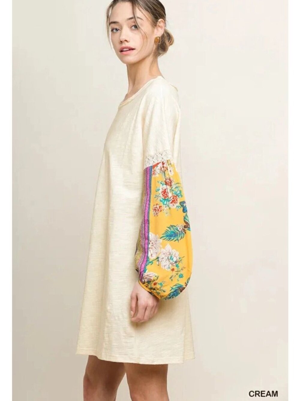 Umgee Dress Cream With Tropical Floral Puff Sleeves Boho Festival Knit - Picture 2 of 4